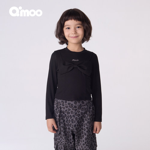 Qimoo淇木秋季款女童舒适甜美蝴蝶结圆领长袖T恤QSS3TP229B