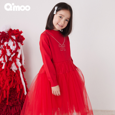 Qimoo/淇木冬季新款童装女童毛织拼纱蝴蝶结连衣裙QCL4LP352C