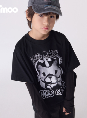 Qimoo淇木25秋季新款童装男女童舒适印花假两件长袖T恤QSS3TC121A