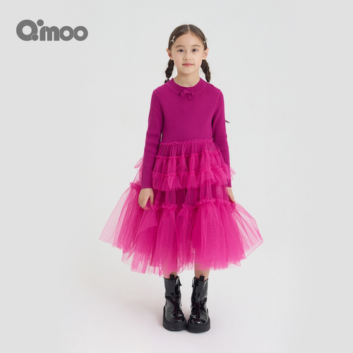 Qimoo女童秋季网纱蝴蝶结连衣裙