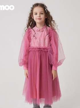 Qimoo/淇木冬季新款童装女童中国风盘扣蕾丝连衣裙QCL4LP240B