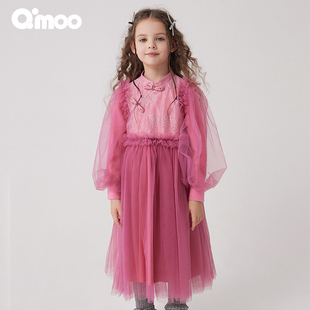 童装 新款 女童中国风盘扣蕾丝连衣裙QCL4LP240B 淇木冬季 Qimoo