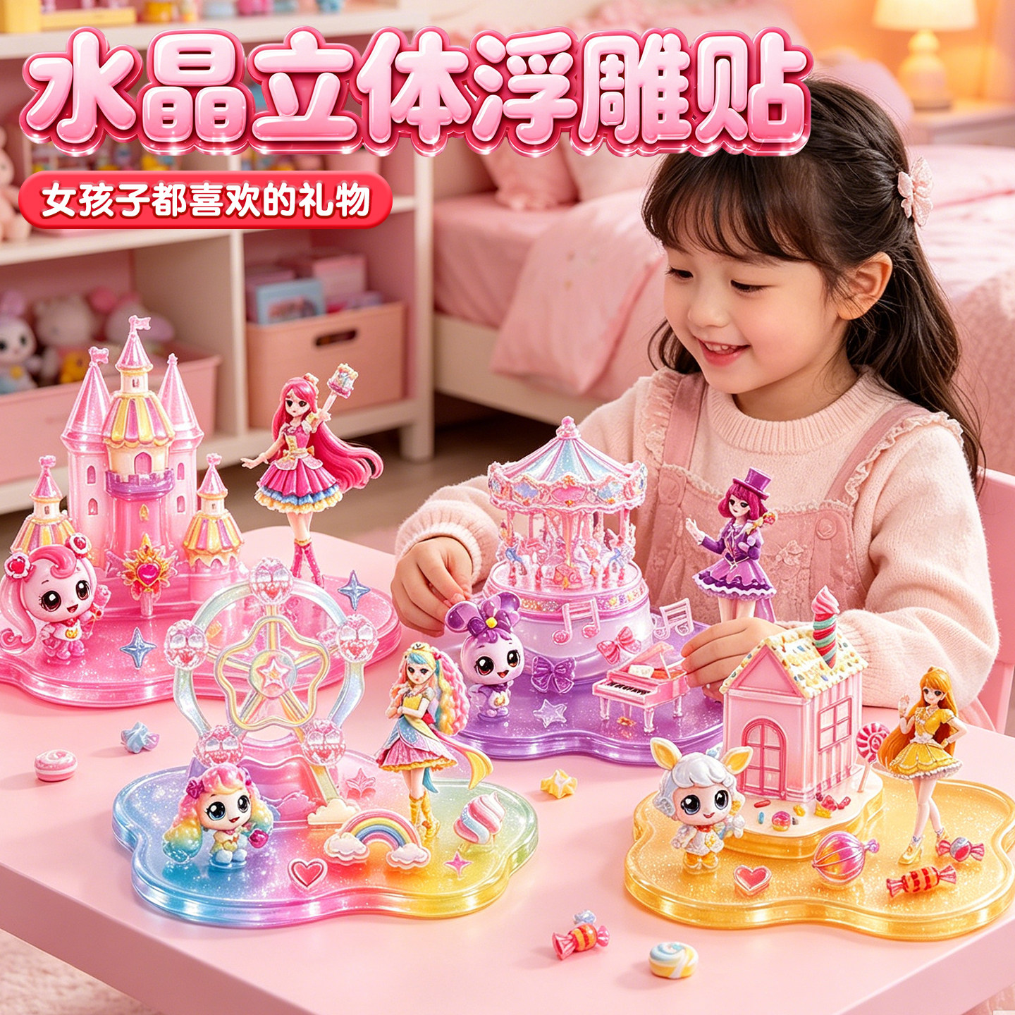 奇妙萌可夜光叠叠乐3d立体水晶浮雕贴纸儿童女孩手工diy装饰摆件6