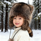 小浣熊皮草帽子男女孩宝宝霸王帽冬季 保暖儿童狐狸毛皮草护耳帽子