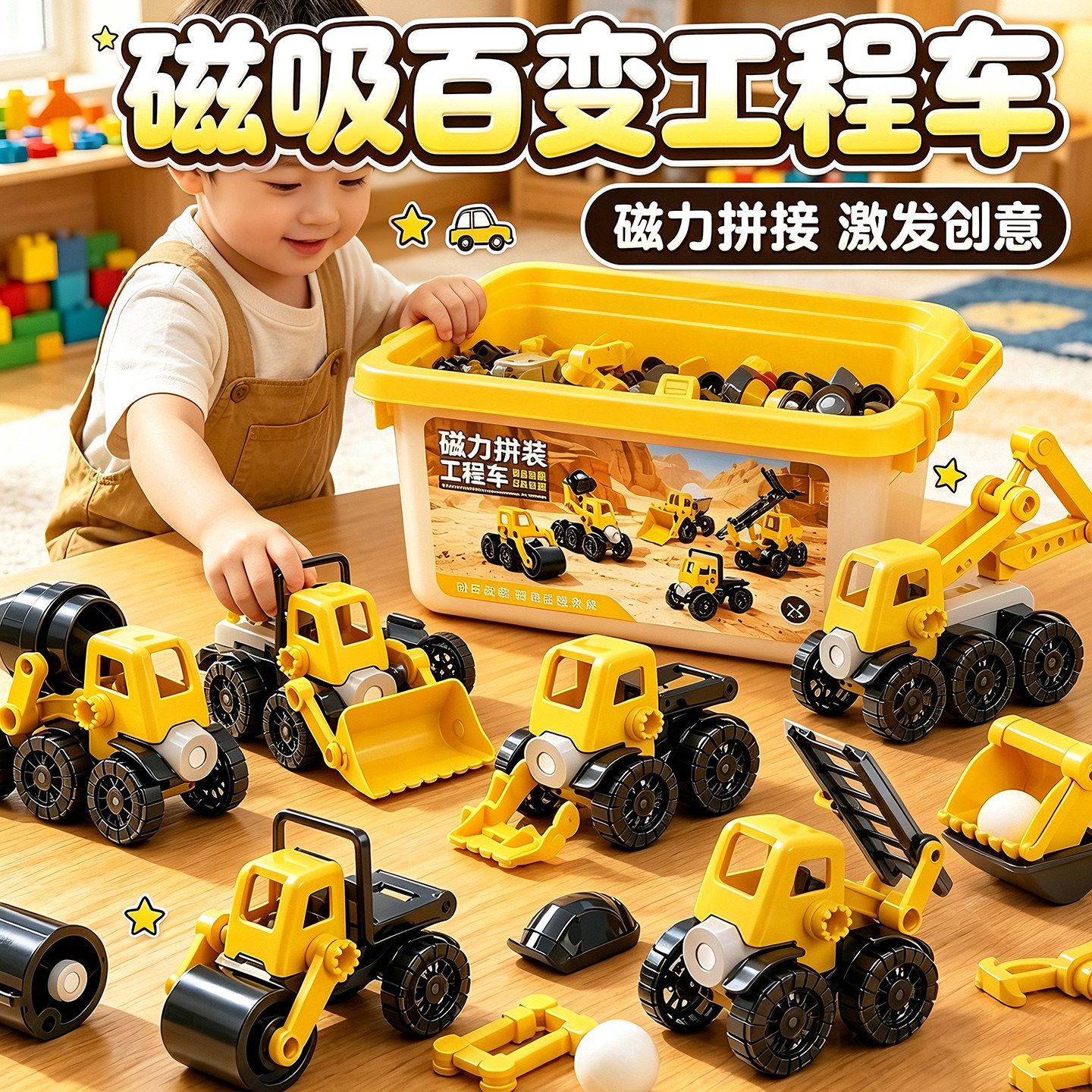 磁力拼装百变工程车玩具图片