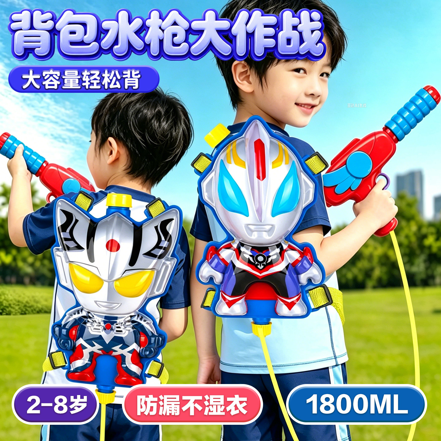 奥特超人儿童背包水枪玩具抽拉式喷水枪男孩沙滩打水仗神器幼儿园