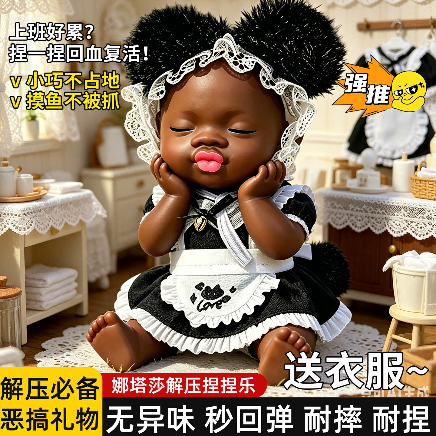 丑娃娜塔莎娃娃tpr玩偶衣服解压捏捏玩具塔娜沙公仔小号黑娃娃白8