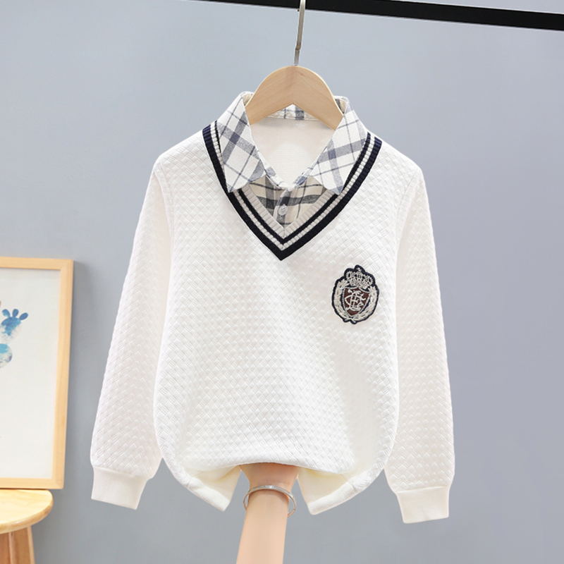 男童卫衣秋冬假两件2023新款中大童加绒冬季白色上衣男孩衣服学生