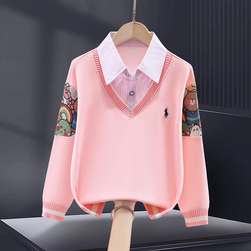 女童卫衣假两件秋款女大童学院风衬衫领上衣儿童女孩洋气童装潮牌