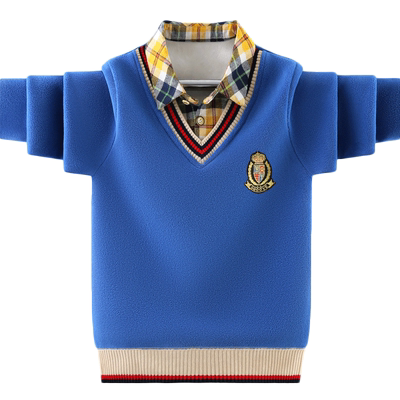 男童卫衣秋冬款假两件中大童加绒加厚打底衫套头儿童男孩百搭学生