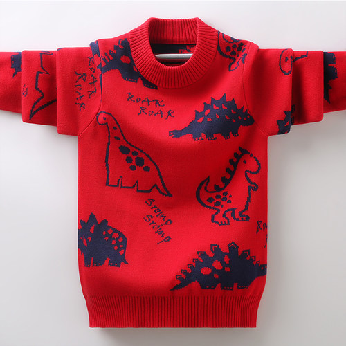 男童毛衣秋冬款加厚加绒中大童红色针织衫儿童圆领男孩线衣帅气潮