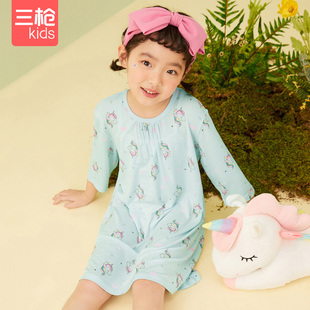 三枪儿童长袖睡裙莫代尔空调服女童圆领中袖小童独角兽艾莎家居服