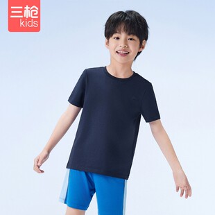 三枪少儿学生男女童藏青蓝色粉色冰泉夏季薄款A类纯棉短袖T恤衫