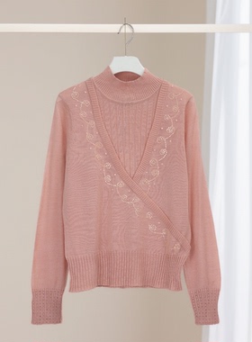春秋新款粉色半高领刺绣毛衣女长袖针织衫洋气打底衫上衣32068