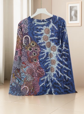 春秋新款复古民族风印花长袖T恤女圆领套头宽松舒适上衣25753