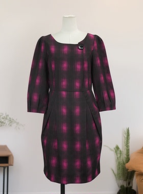 春秋新款复古格纹连衣裙女长袖收腰气质文艺中长款显瘦裙子35142