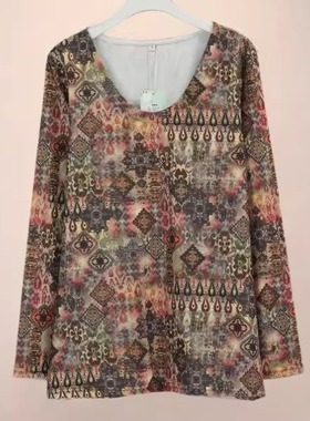 复古大码印花卫衣套头衫2025春秋新款女V领长袖上衣气质百搭25773