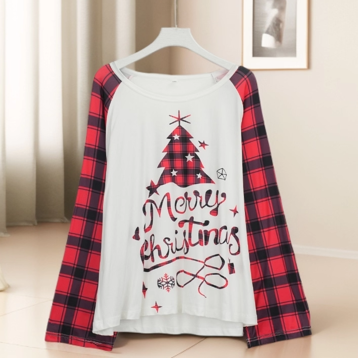 春秋新款复古圣诞树印花长袖T恤女撞色拼接宽松百搭显瘦上衣35873