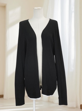 春秋新款简约V领针织开衫女黑色长袖修身显瘦百搭外搭上衣37716