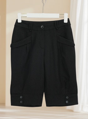 秋冬新款女纯色直筒高腰裤脚纽扣设计休闲裤修身简约百搭36120