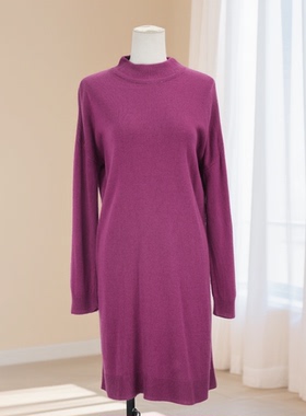 秋冬新款女纯色半高领长袖中长款连衣裙宽松遮肉保暖百搭40561