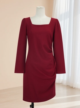 秋冬爆款女纯色方口领长袖中长款连衣裙修身显瘦气质34506
