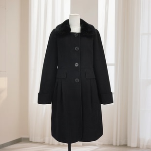收腰大衣40748 单排扣修身 2020春季 毛领黑色毛呢外套女中长款