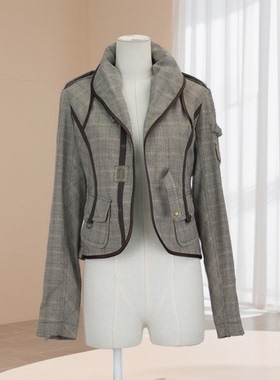 春秋爆款女复古格纹轻奢长袖短款外套修身遮肉显瘦气质百搭36946