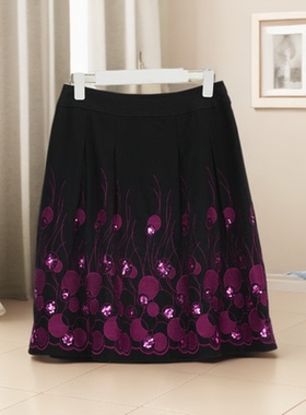 春秋新款黑色亮片A字半身裙女中长款百搭显瘦花卉亮丝裙子36262