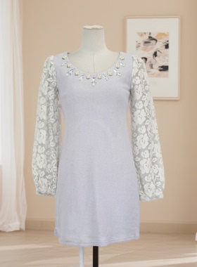 春秋爆款女拼接长袖圆领钉珠装饰连衣裙修身遮肉显瘦气质39621