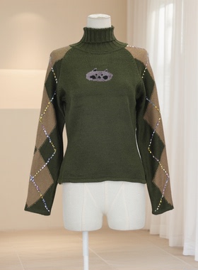 秋冬爆款女可爱小猫刺绣花纹高领长袖针织毛衣修身遮肉显瘦32765