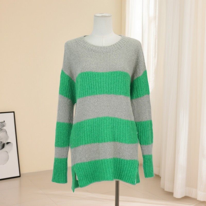 春秋新款慵懒风条纹拼色羊绒衫女套头长袖针织衫绿色毛衣36425,女装/女士精品,羊绒衫,淘宝优惠券,粉丝福利购,淘宝优惠卷