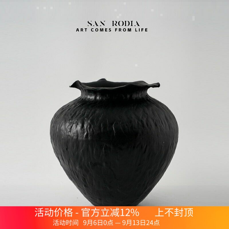 新中式侘寂风黑色陶瓷花瓶样板间售楼处酒店民宿花店插花器装饰品