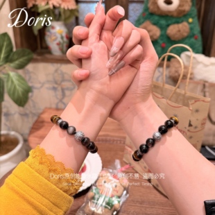 黑曜石银情侣款 手链一对转运高级感纪念意义礼物送男女友定情信物