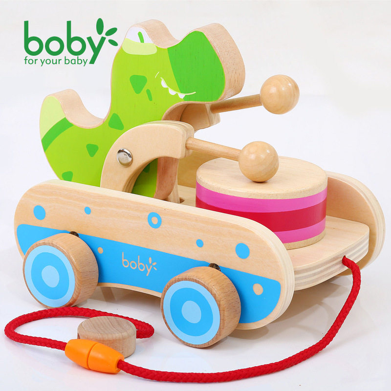 boby早教婴幼敲鼓木质玩具车拉线绳手拉车宝宝岁牵引益智学步