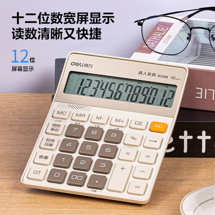 得力TE209语音计算器办公商务型财务会计用家用计算器大屏幕大按键记算器多功能金属面板12位计算机专用