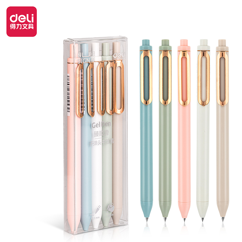 得力高颜值臻顺滑NS572按动中性笔签字笔子弹头0.5mm黑色签字笔大容量子弹头可爱彩色学生考试刷题写作业5支