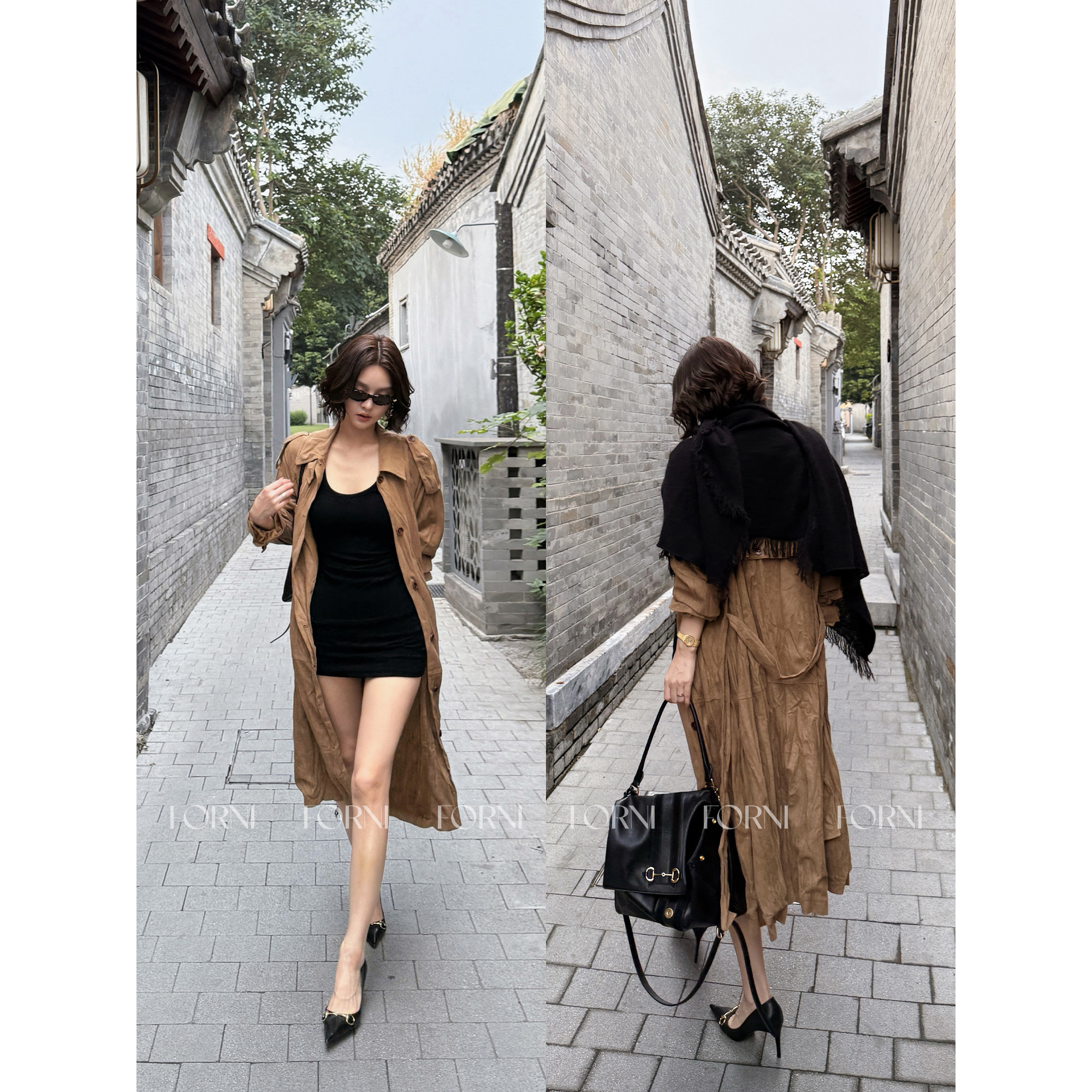 FORNI/YOYO “chic飒美女主”复古做旧褶皱肌理感收腰长款风衣