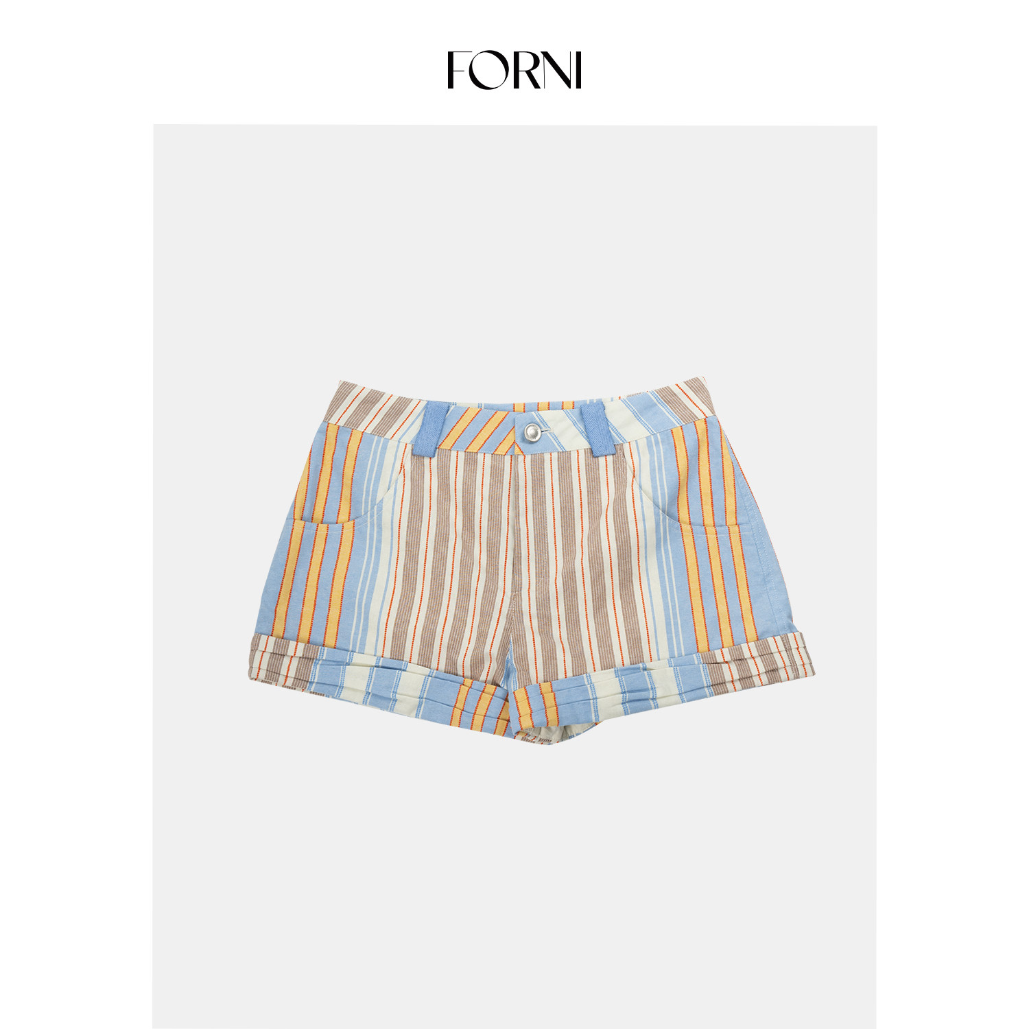 FORNI/YOYO “维C彩虹条” 盐系小清新100棉高腰卷边条纹A字短裤