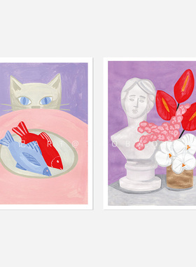 ins紫色系猫咪插画艺术装饰画纸质海报挂画不含框纯内芯艺术微喷