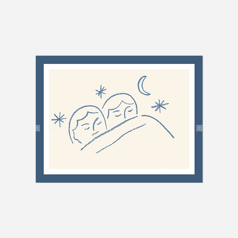 横版蓝色抽象线条睡眠人物艺术纸质画芯装饰挂画替换内芯中古法式图片