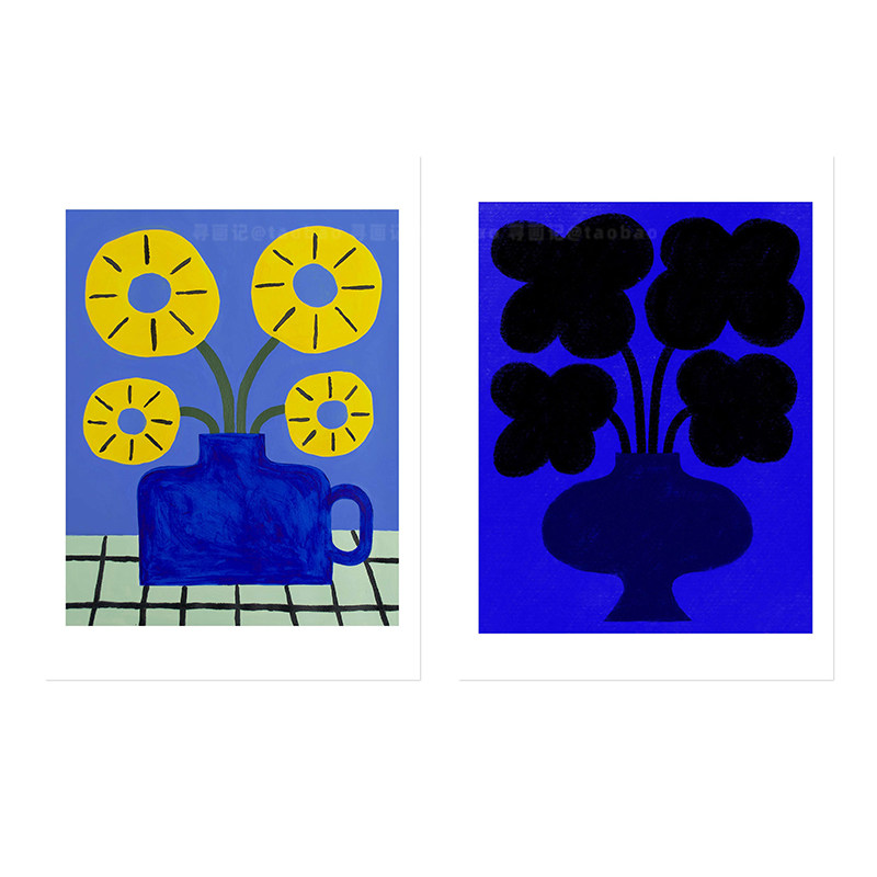 中古克莱因蓝色几何花朵艺术装饰现代装饰画