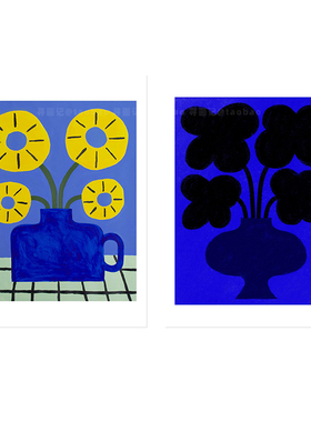 中古克莱因蓝色几何花朵艺术装饰画相框替换内芯海报挂画不含框