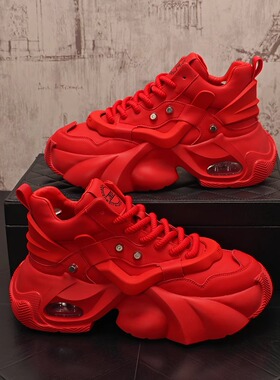 男鞋夏季透气2025新款红色多功能休闲运动鞋男气垫厚底增高爸爸鞋