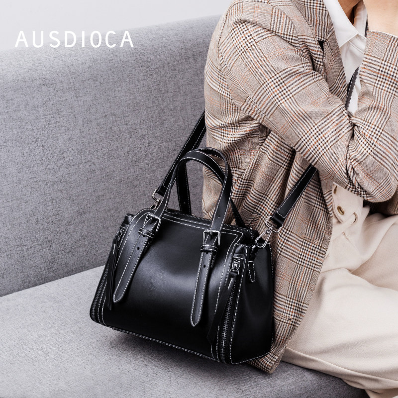 澳迪佳真皮手提包女2021新款潮波士顿包包手挽包小手拎斜挎枕头包