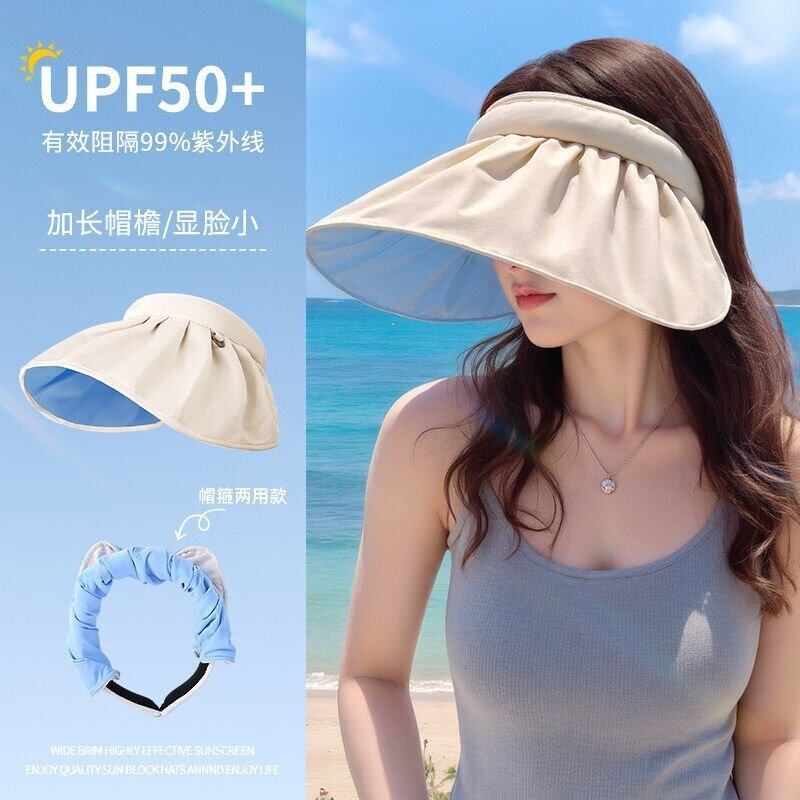 黄贝壳空顶遮阳帽韩版百搭太阳帽子户外可卷发箍女防晒遮阳帽