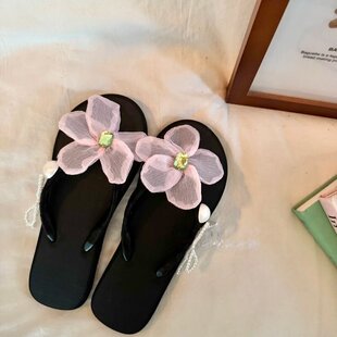 夏季粉色花朵珍珠夹脚拖鞋度假海边泰国三亚拍照道具人字拖女