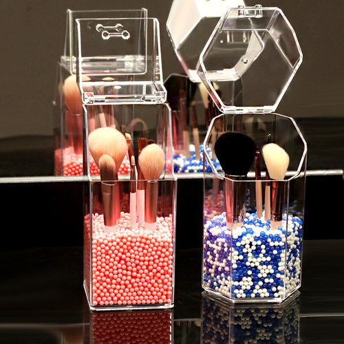 透明化妆刷桶带珍珠防尘带盖眉笔