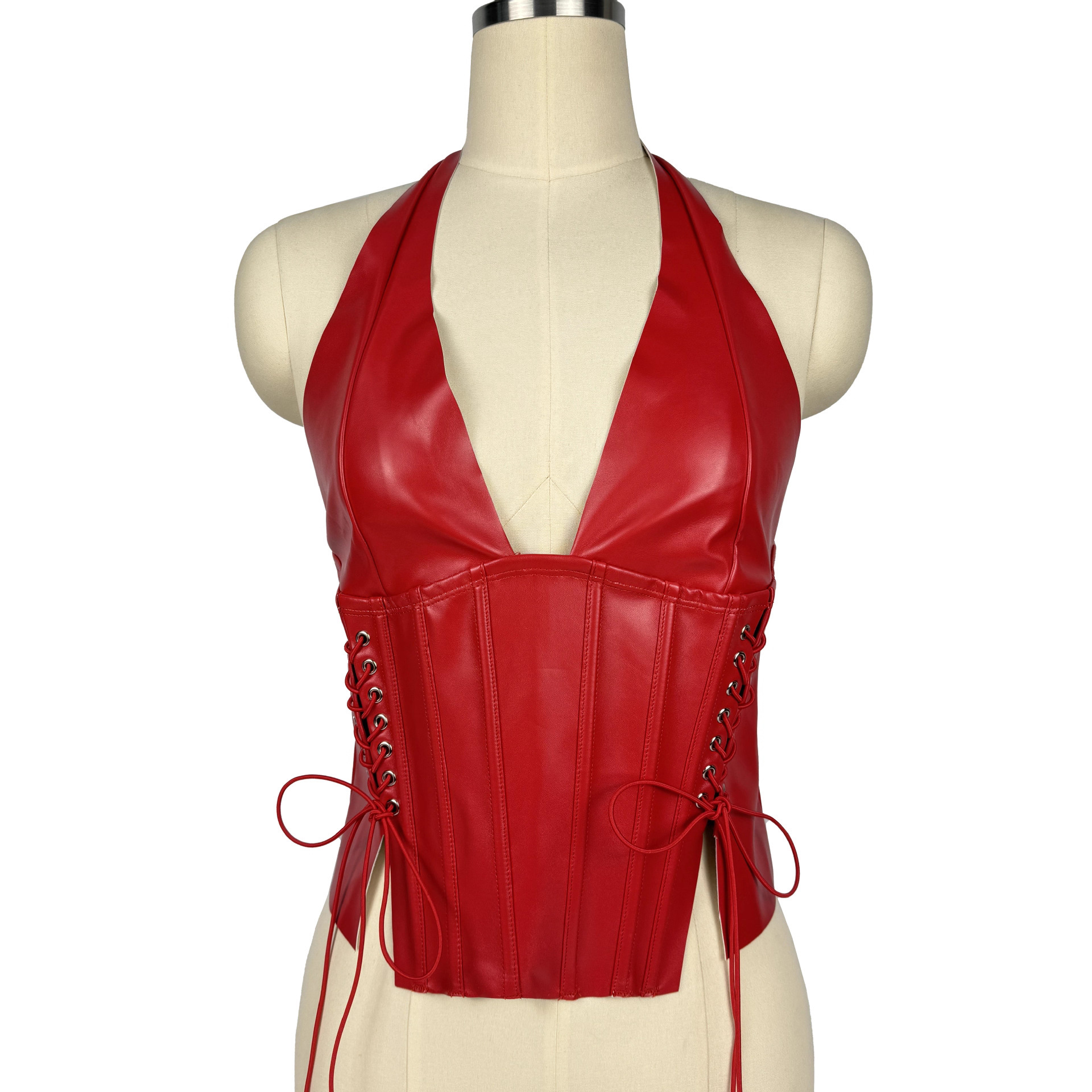 跨境PU皮辣妹挂脖背心辣妹绑带收腰露背上衣性感显瘦质感小众吊带