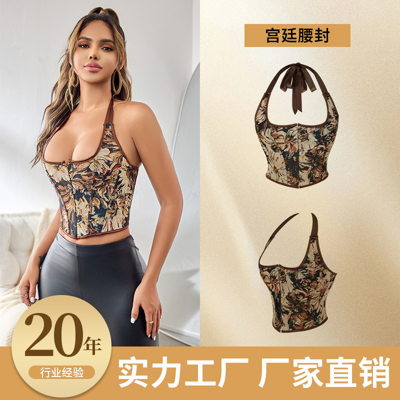 跨境爆款宫廷束身衣挂脖吊带鱼骨胸衣多色油画露背欧码女士上衣